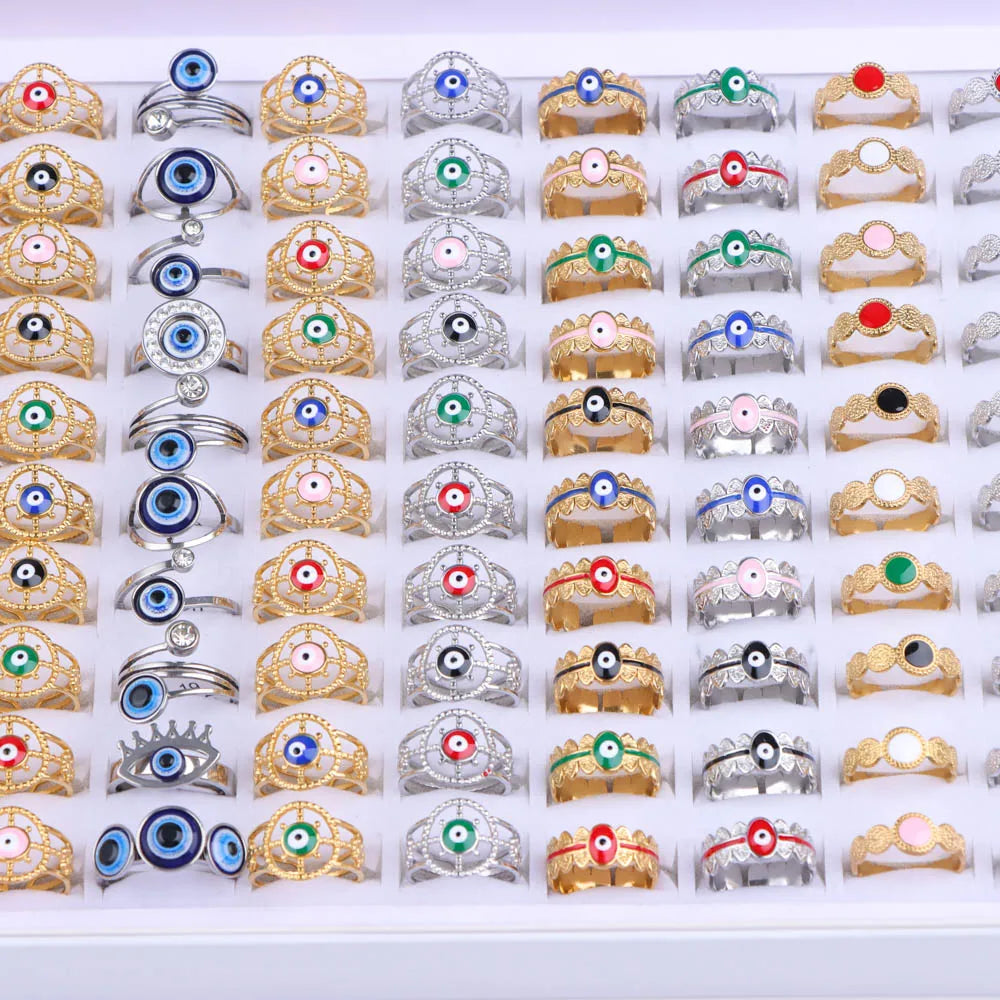 10/20/30/50Pcs/Lot Vintage Simple Evil Blue Eye Stainless Steel Rings For Women Men Fashion Gothic Jewelry Party Gifts Wholesale