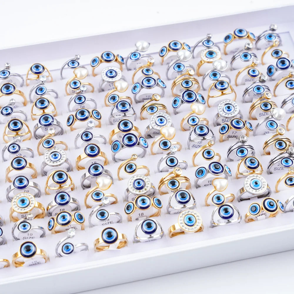10/20/30/50Pcs/Lot Vintage Simple Evil Blue Eye Stainless Steel Rings For Women Men Fashion Gothic Jewelry Party Gifts Wholesale