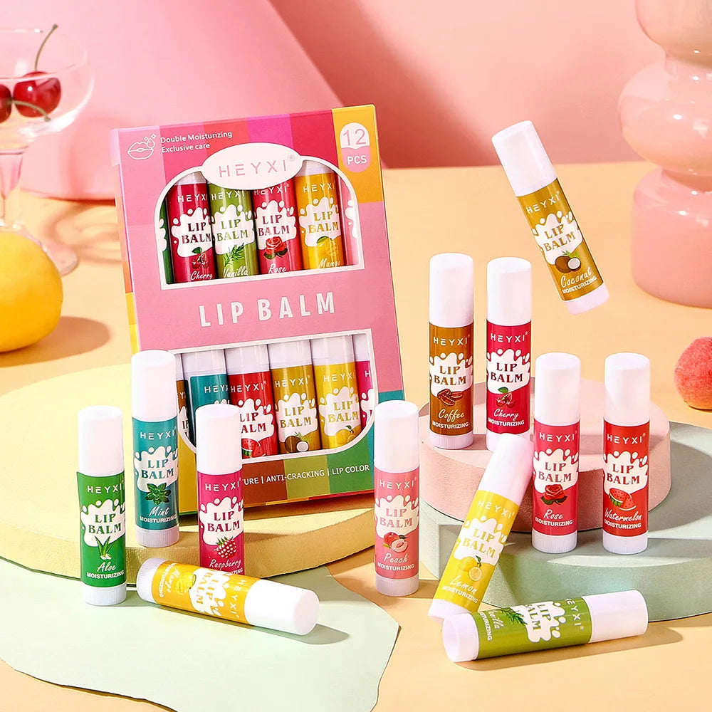 6/12Pcs Lip Balm Set Fruit Flavored 12Flavors Natural Lip Balm for Dry Cracked Lips Long Lasting Lip Care Products
