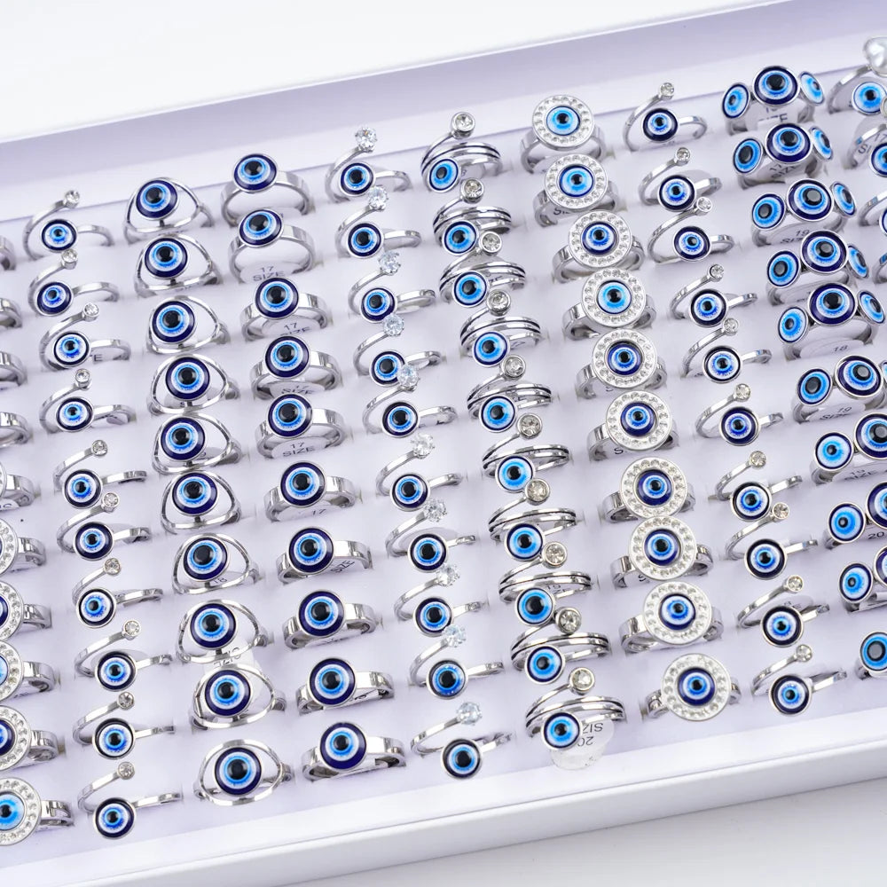 10/20/30/50Pcs/Lot Vintage Simple Evil Blue Eye Stainless Steel Rings For Women Men Fashion Gothic Jewelry Party Gifts Wholesale