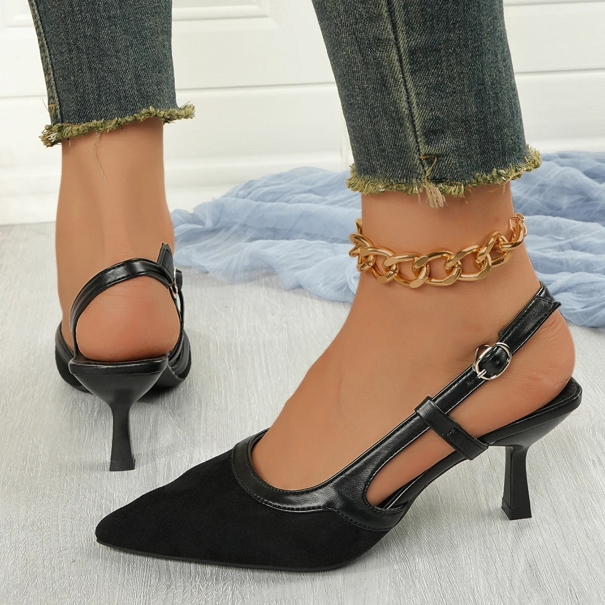 Women Shoes Satin Pointed Back Empty Women Sandals 2025 Summer One-word Buckle Sexy High Heels Women Sandalias Mujer Zapatos