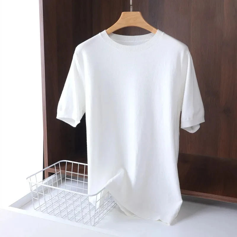Superfine Merino Wool T Shirt Men's Knitted O-neck Short Sleeve Breathable Thin Cashmer Tee Solid Color Tops ropa de hombre
