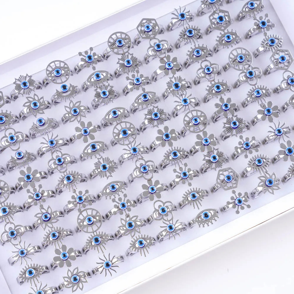10/20/30/50Pcs/Lot Vintage Simple Evil Blue Eye Stainless Steel Rings For Women Men Fashion Gothic Jewelry Party Gifts Wholesale