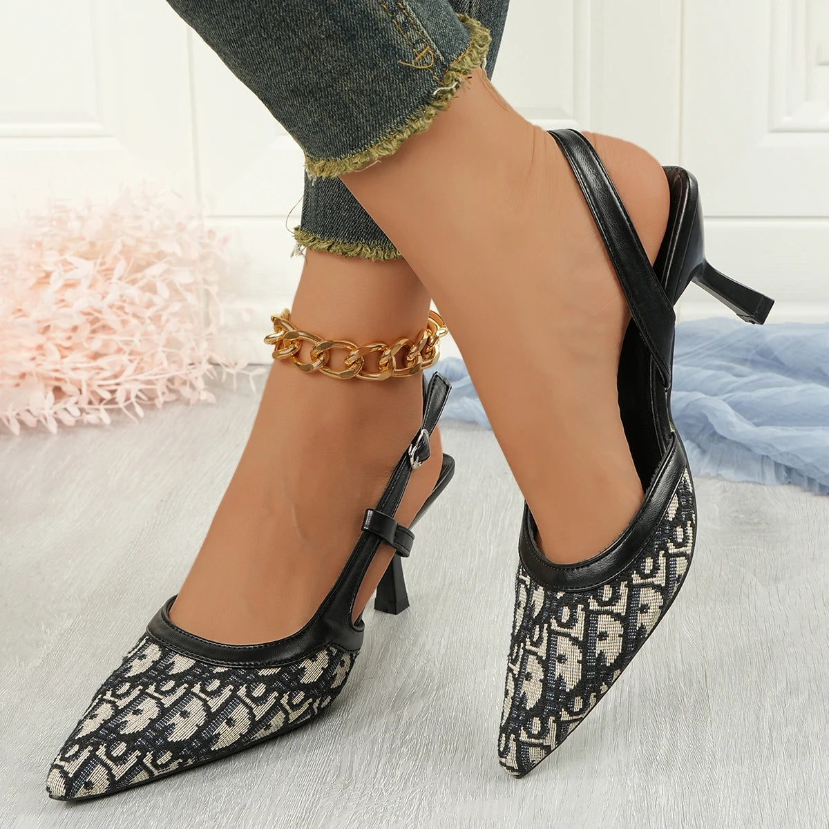 Women Shoes Satin Pointed Back Empty Women Sandals 2025 Summer One-word Buckle Sexy High Heels Women Sandalias Mujer Zapatos