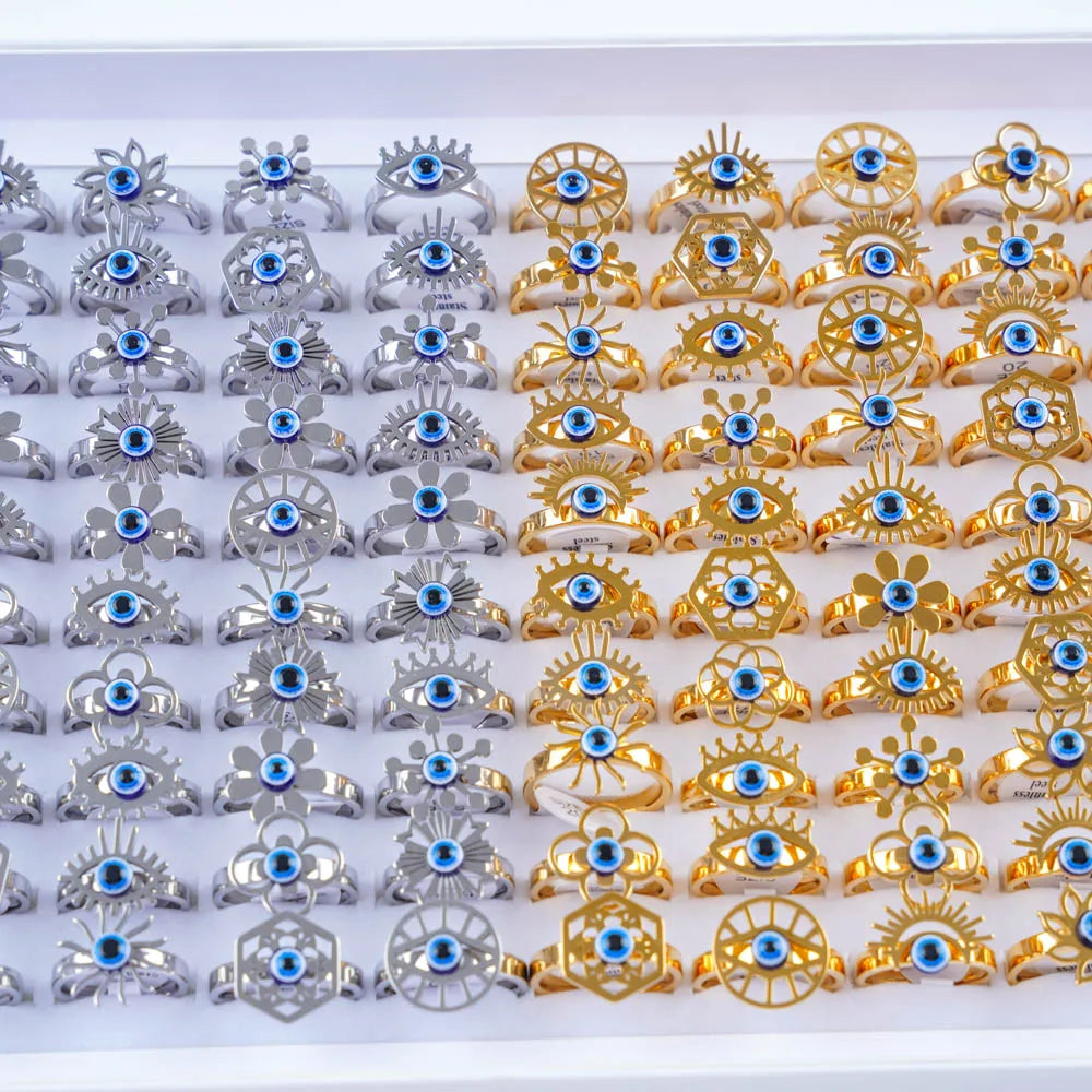 10/20/30/50Pcs/Lot Vintage Simple Evil Blue Eye Stainless Steel Rings For Women Men Fashion Gothic Jewelry Party Gifts Wholesale