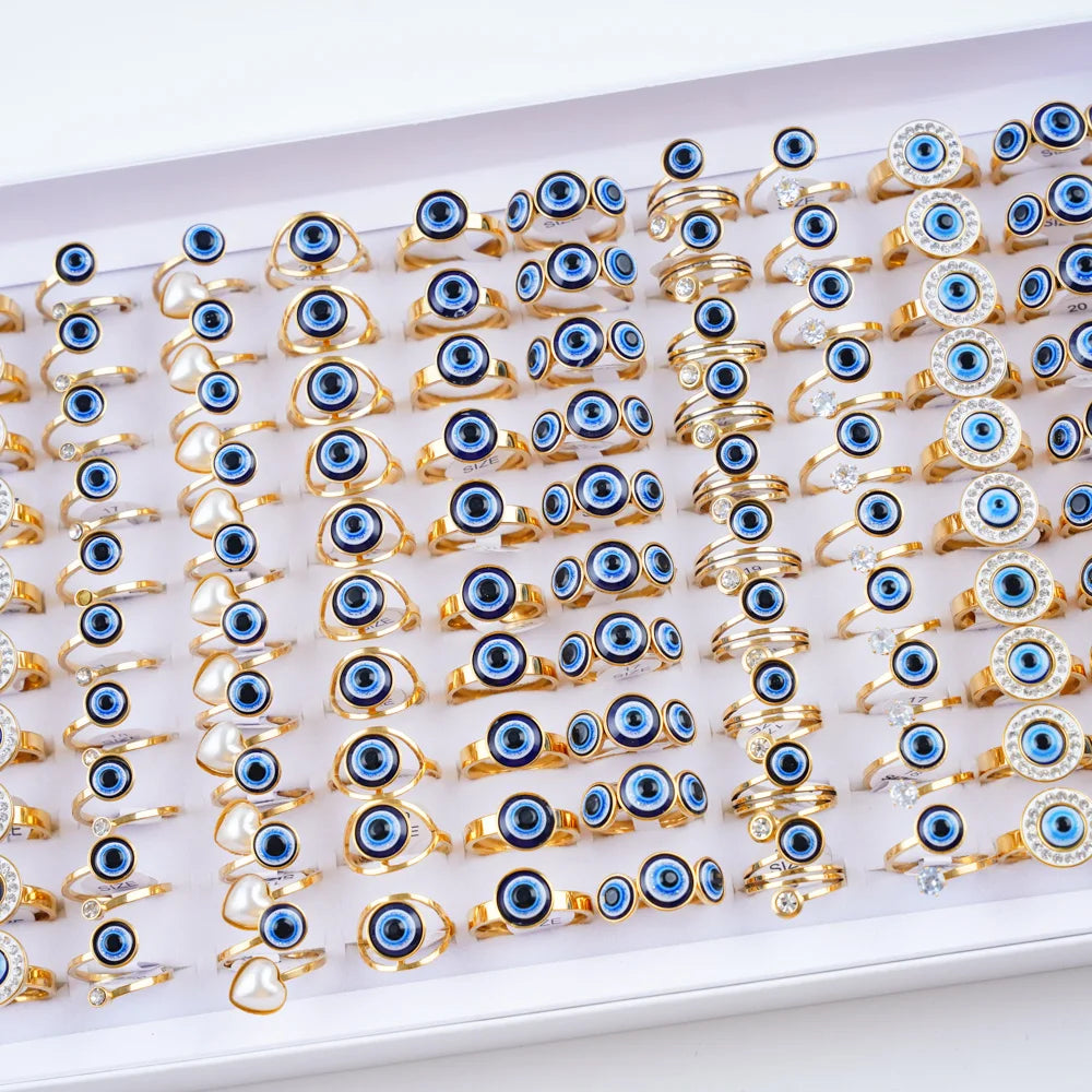10/20/30/50Pcs/Lot Vintage Simple Evil Blue Eye Stainless Steel Rings For Women Men Fashion Gothic Jewelry Party Gifts Wholesale
