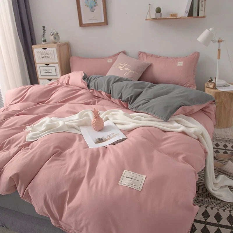 Simple Japanese Solid Color Pink Bedding Set Bed Cover Twin Full Queen Bed Linen Girl Women Polyester Bed Flat Sheet Pillowcase