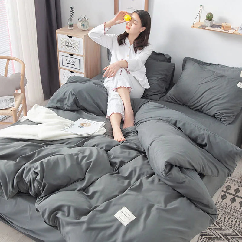 Simple Japanese Solid Color Pink Bedding Set Bed Cover Twin Full Queen Bed Linen Girl Women Polyester Bed Flat Sheet Pillowcase